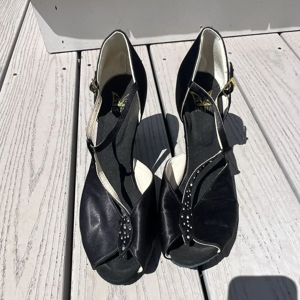 Jiajia Women’s Black Satin Ballroom Dance Shoes T-Strap Rhinestone Heels Size 10